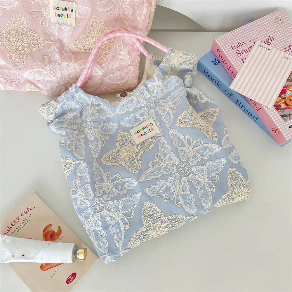 New Beach Tote Bag Fashion Women Canvas Summer Large Capacity Bow Embroidered Shoulder Bag Tote Handbag Shopping Shoulder Bags