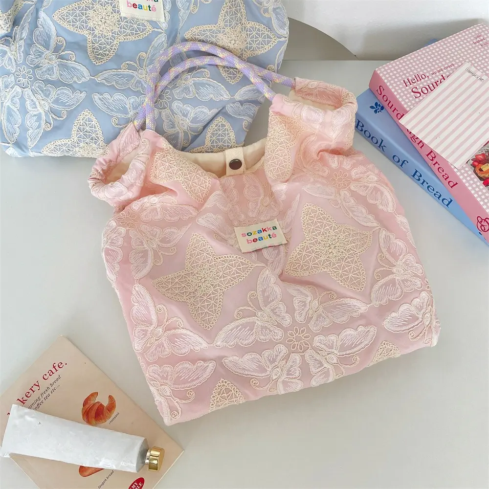 New Beach Tote Bag Fashion Women Canvas Summer Large Capacity Bow Embroidered Shoulder Bag Tote Handbag Shopping Shoulder Bags