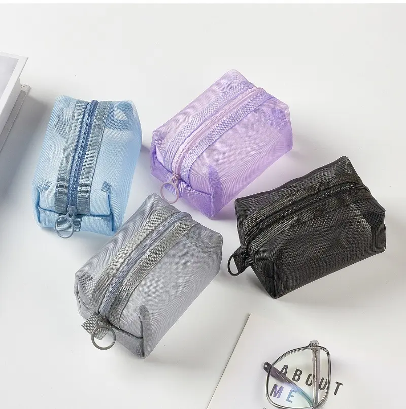 Small Square Solid Color Coin Bag Nylon Mesh Lipstick Key Earphone Organizer Holder Bus Bank ID Credit Cards Pouch Case Storage