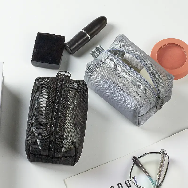 Small Square Solid Color Coin Bag Nylon Mesh Lipstick Key Earphone Organizer Holder Bus Bank ID Credit Cards Pouch Case Storage