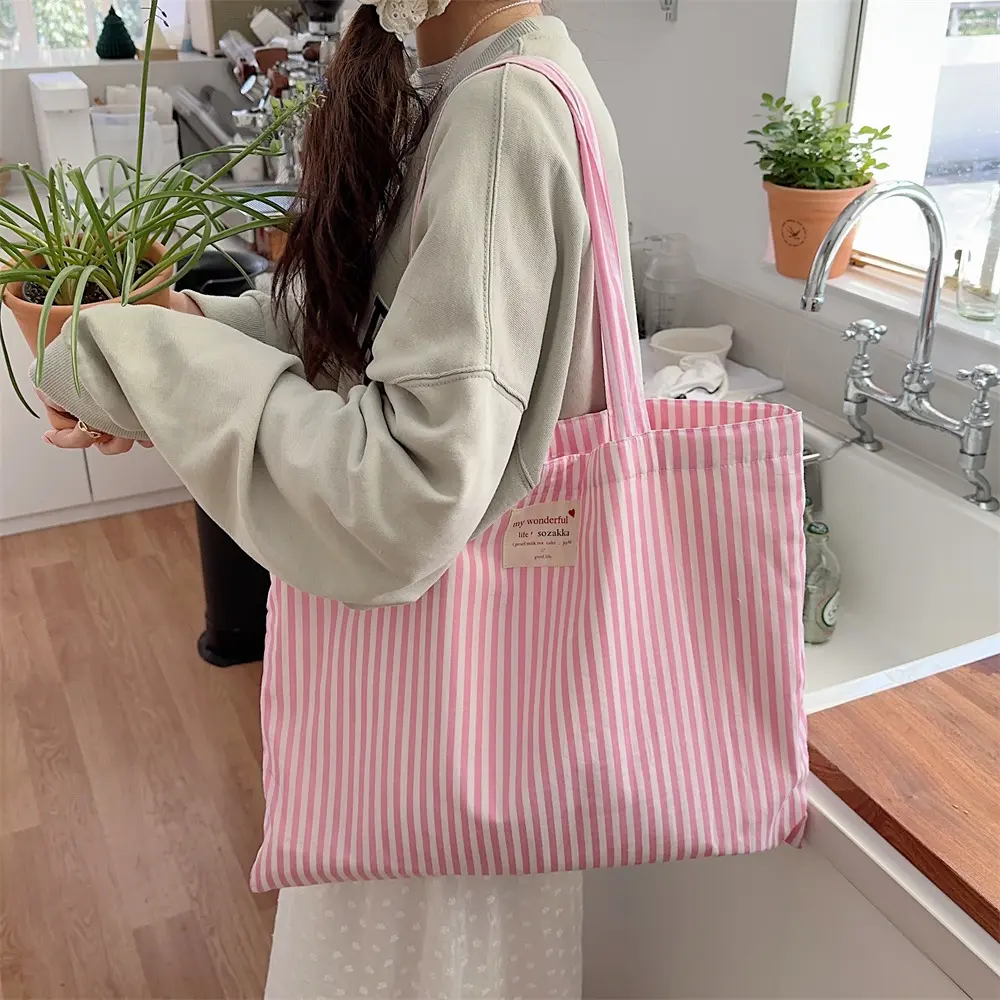 Large Capacity Canvas Women Handbags Tote Bag Striped Shoulder Bag Female Casual Multifunctional Travel Shopping Bags Handbag