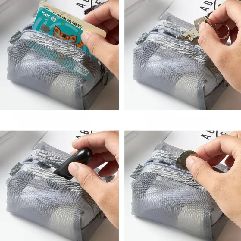Small Square Solid Color Coin Bag Nylon Mesh Lipstick Key Earphone Organizer Holder Bus Bank ID Credit Cards Pouch Case Storage