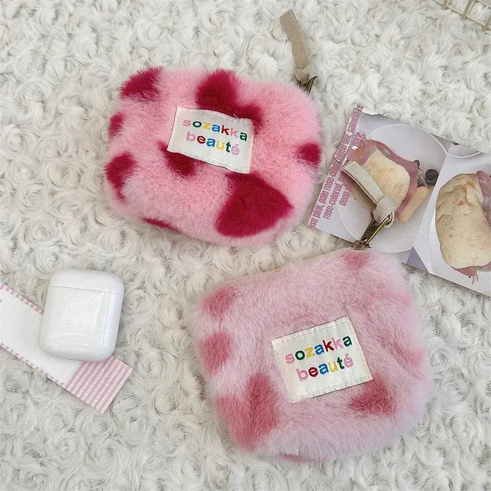 Korean Plush Zipper Mini Cute Coin Purse Wallet Kawaii Makeup Bag Lipstick Earphone Data Cable Organizer Pouch Case Storage Bags