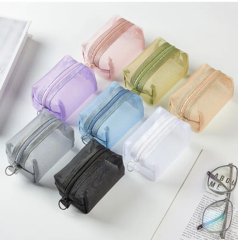 Small Square Solid Color Coin Bag Nylon Mesh Lipstick Key Earphone Organizer Holder Bus Bank ID Credit Cards Pouch Case Storage
