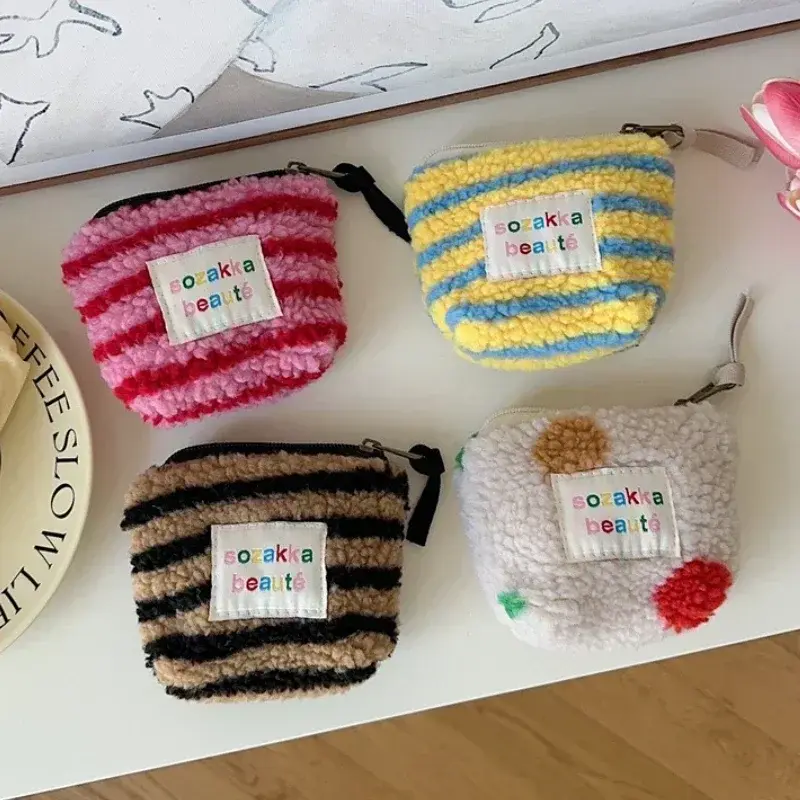 Korean Plush Zipper Mini Cute Coin Purse Wallet Kawaii Makeup Bag Lipstick Earphone Data Cable Organizer Pouch Case Storage Bags