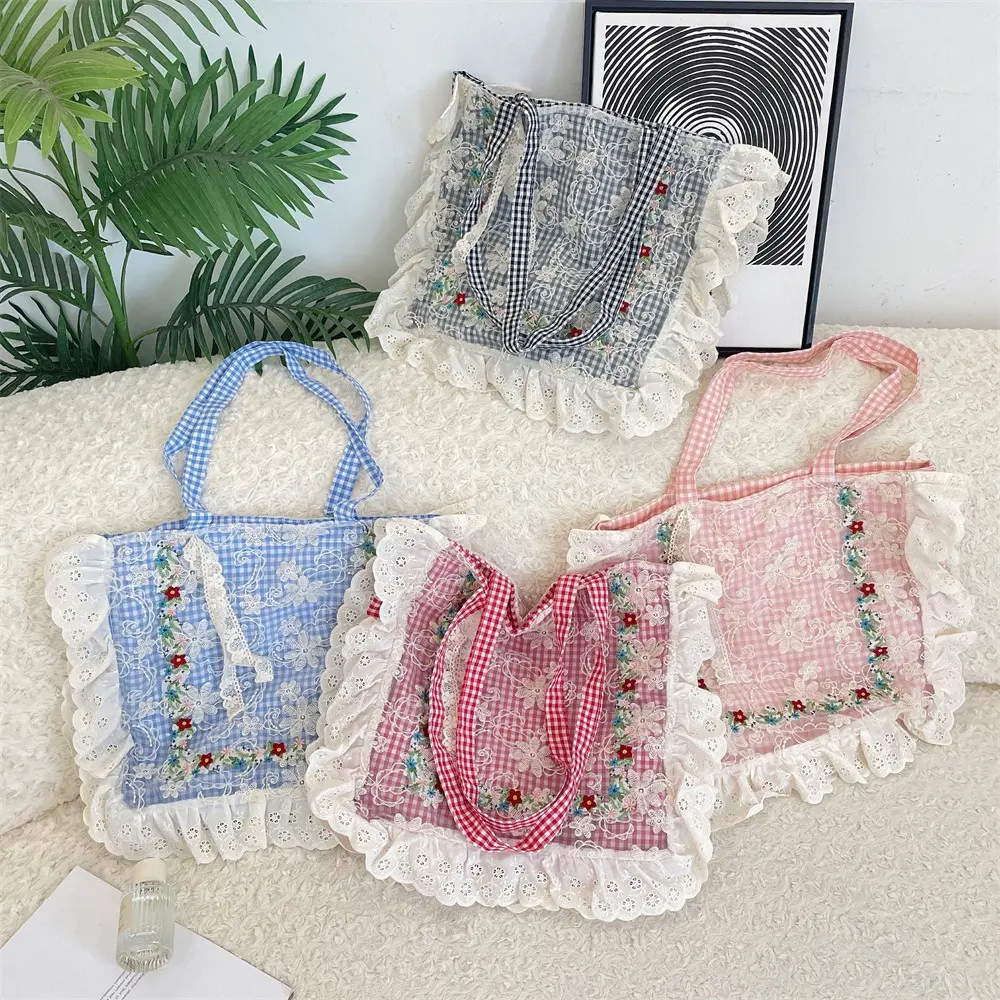 Lace Bow Floral Embroidered Single Shoulder Bag Women Handbags Canvas Tote Bag Spring Summer New