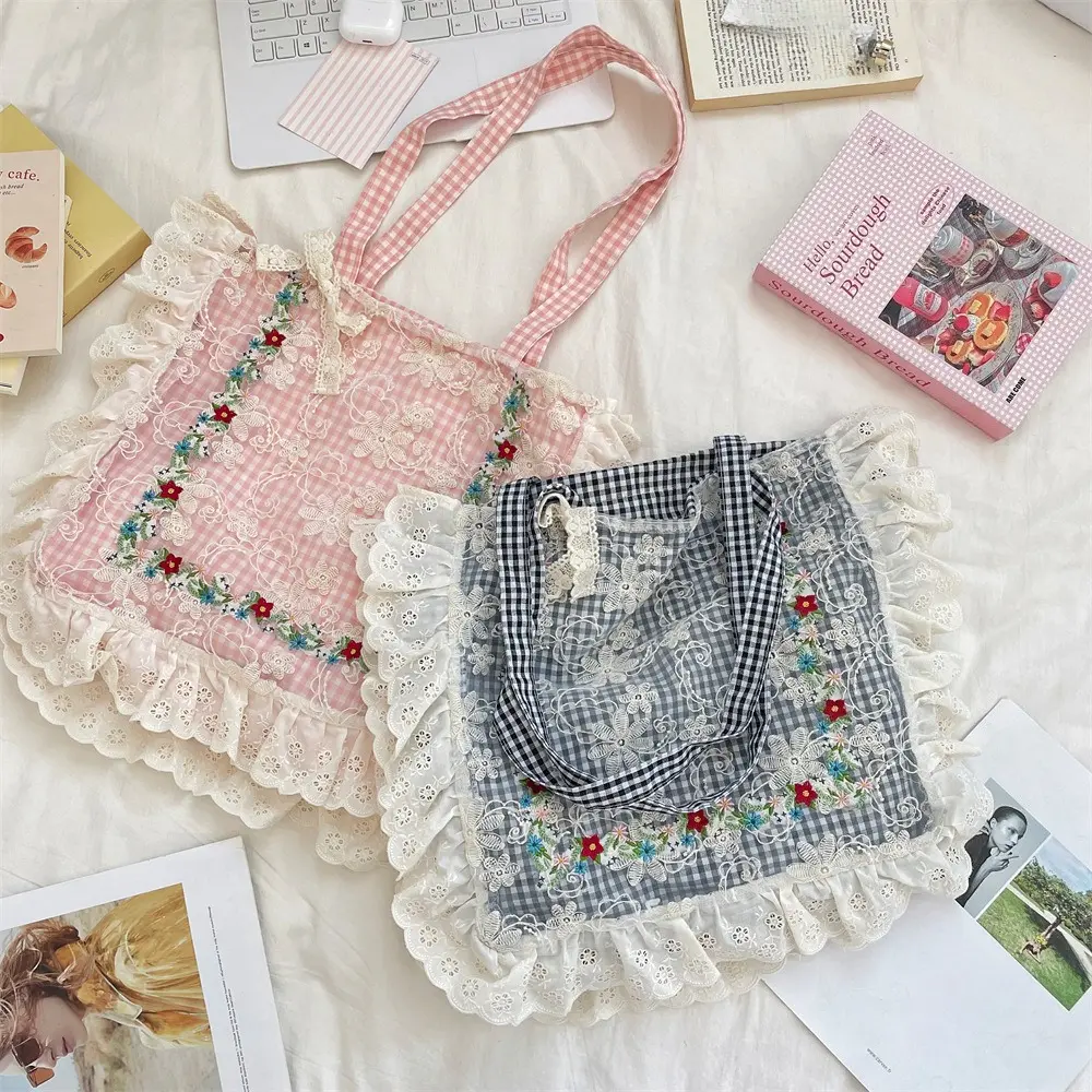 Lace Bow Floral Embroidered Single Shoulder Bag Women Handbags Canvas Tote Bag Spring Summer New