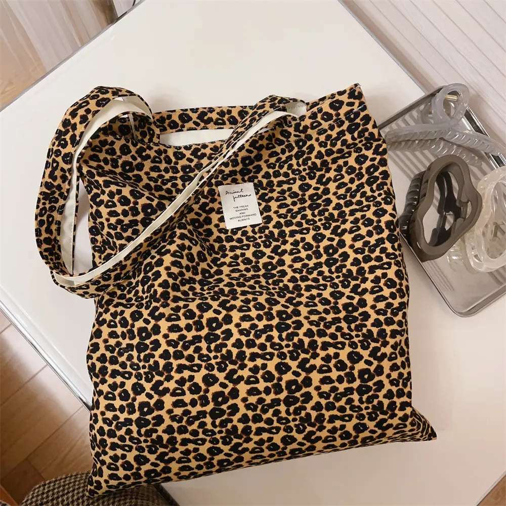 Leopard Print Tote Bag Women Shoulder Bag Large Capacity Reusable Shopping Bag Canvas Handbag Purse