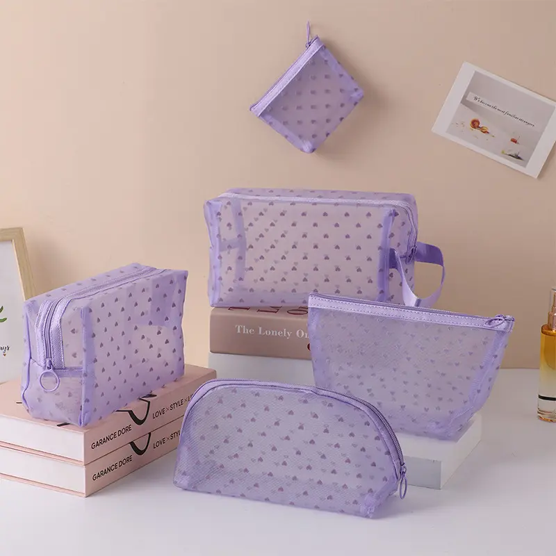 Heart-Shaped Nylon Mesh Cosmetic Bag Portable Toiletry Organizer Makeup Bag Multifunctional Women Lipstick Key Coin Purse Pouch