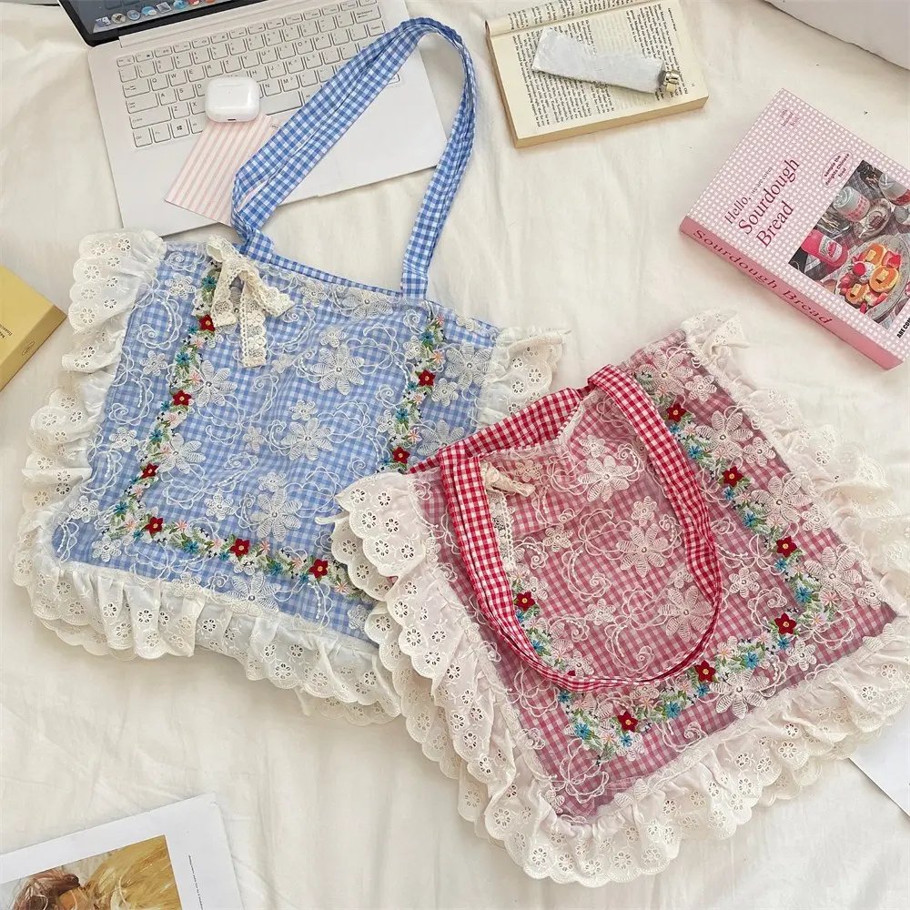 Spring Summer New Lace Women Handbags Retro Lace Bow Floral Embroidered Single Shoulder Bag Handbag Embroidered Canvas Tote Bag