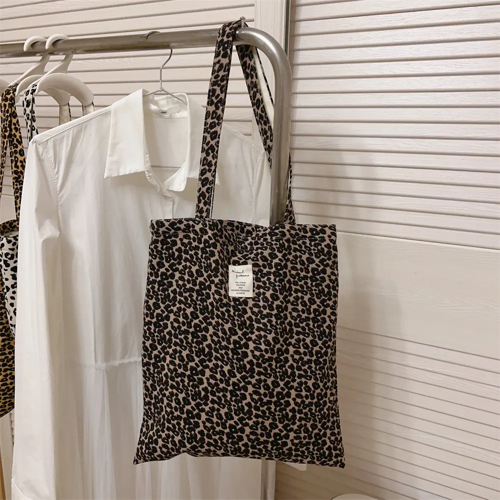 Leopard Print Tote Bag Women Shoulder Bag Large Capacity Reusable Shopping Bag Canvas Handbag Purse