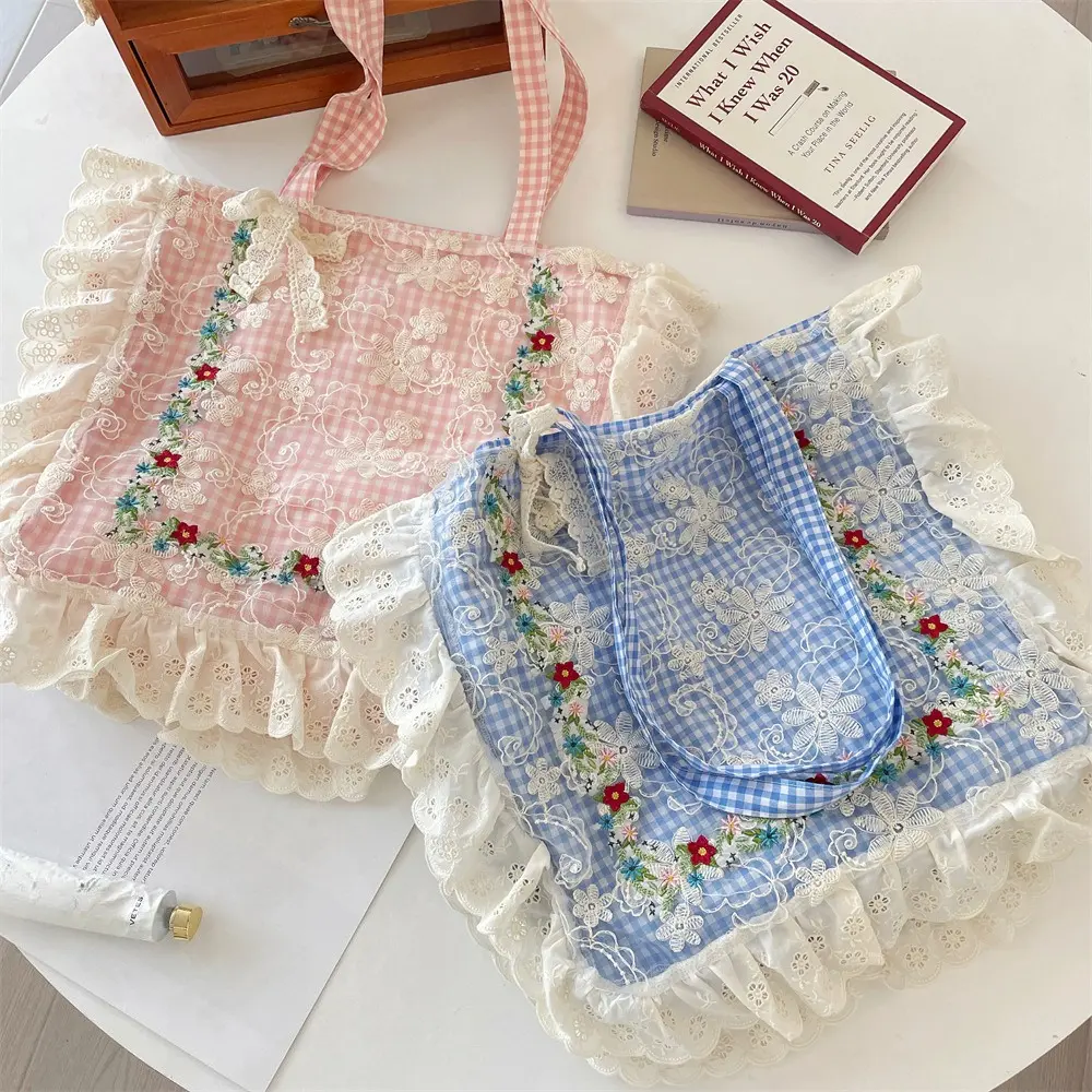 Lace Bow Floral Embroidered Single Shoulder Bag Women Handbags Canvas Tote Bag Spring Summer New