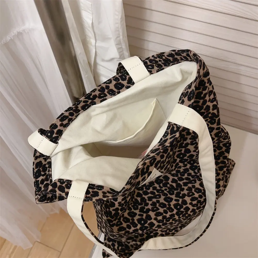 Leopard Print Tote Bag Women Shoulder Bag Large Capacity Reusable Shopping Bag Canvas Handbag Purse