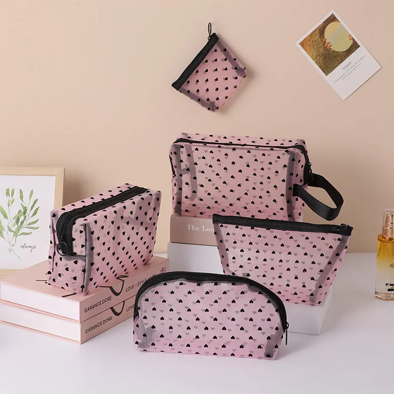 Heart-Shaped Nylon Mesh Cosmetic Bag Portable Toiletry Organizer Makeup Bag Multifunctional Women Lipstick Key Coin Purse Pouch