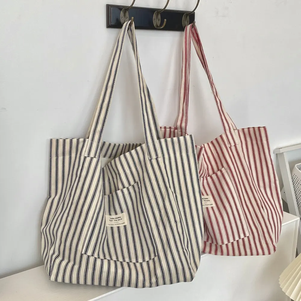 Large Capacity Canvas Women Shopper Tote Simple Striped Shoulder Bag Female Casual Multifunctional Travel Shopping Bag Handbag