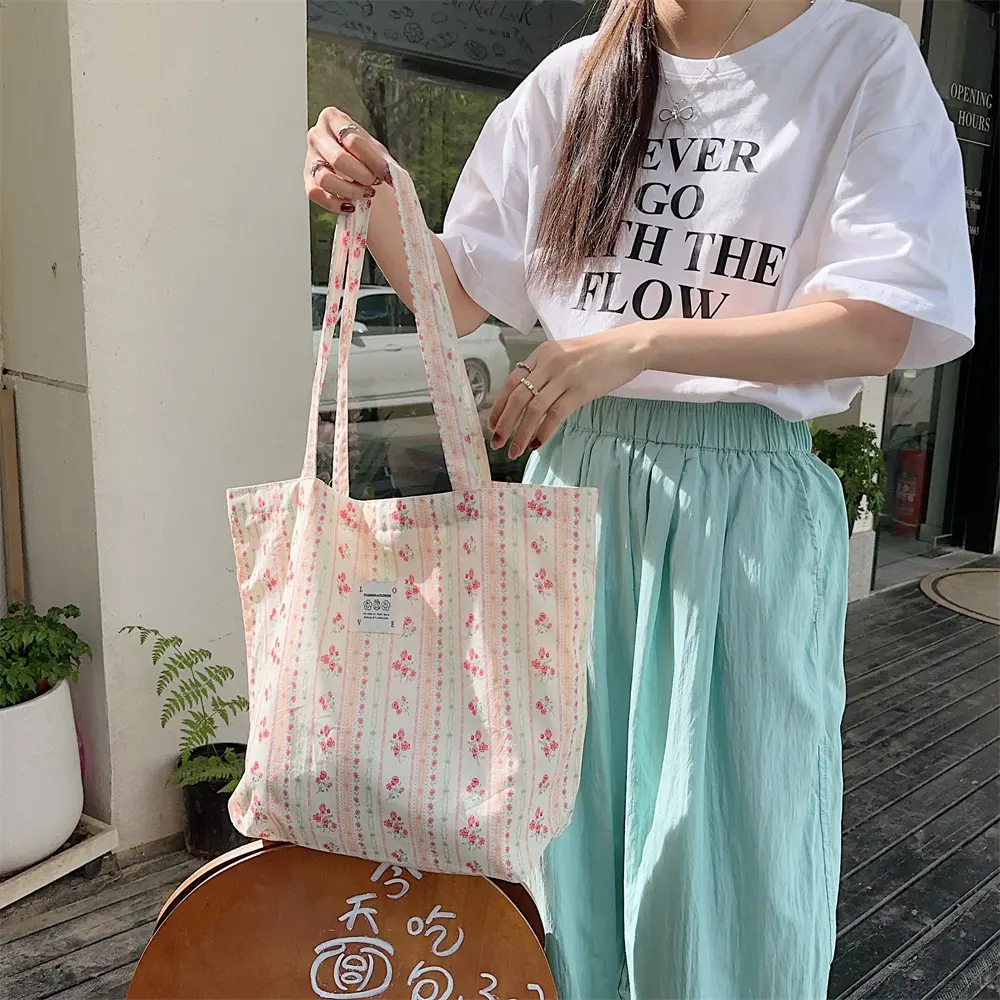Large Capacity Canvas Women Shopper Tote Fashion Floral Shoulder Bag Female Casual Multifunctional Travel Shopping Bag Handbag