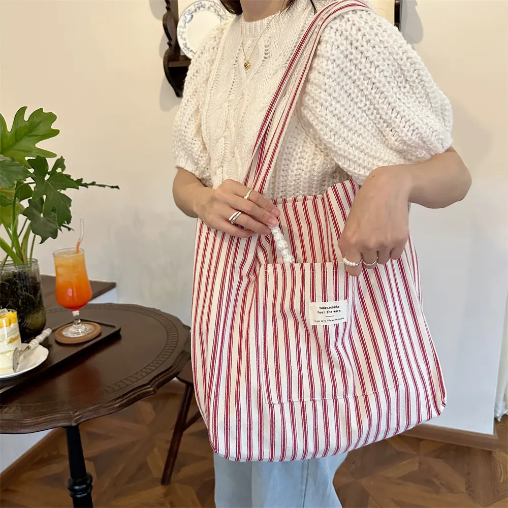 Large Capacity Canvas Women Shopper Tote Simple Striped Shoulder Bag Female Casual Multifunctional Travel Shopping Bag Handbag