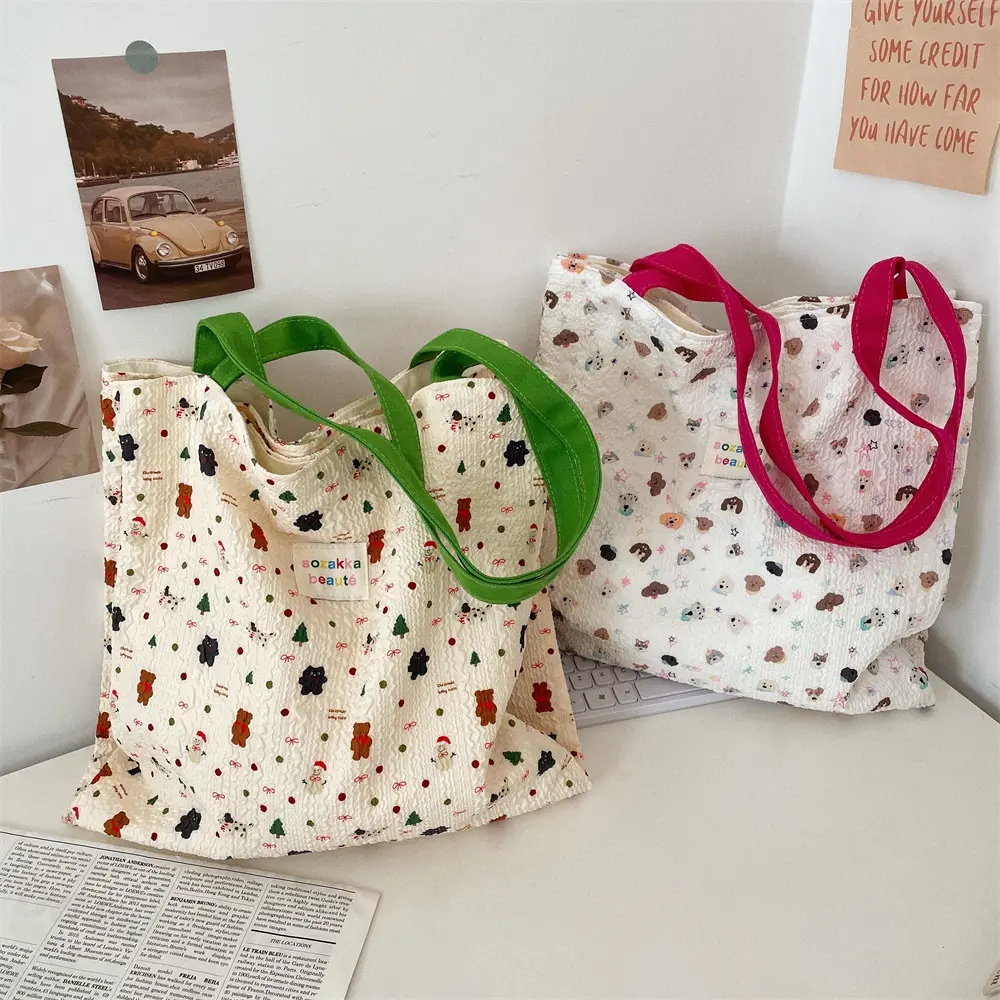 Cartoon Cute Canvas Large Capacity Women Shoulder Bag Casual Daily Handbag for Shopping Travel