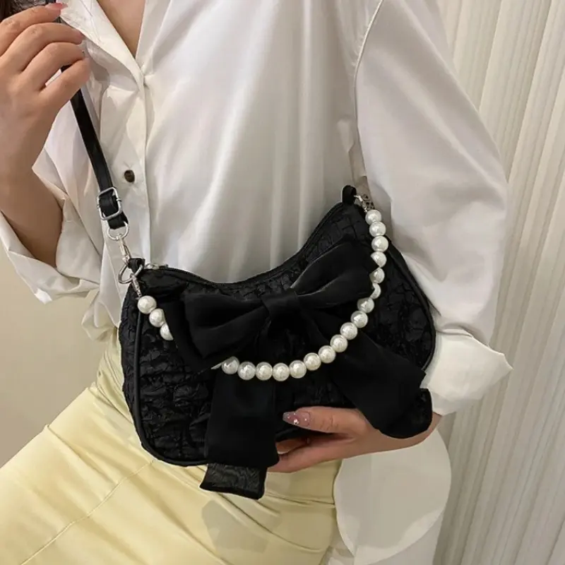 Retro Bow Single Shoulder Crossbody Bags for Women Fashion Pearl Chain Bag Women Single Shoulder Bag PU Purse Handbag
