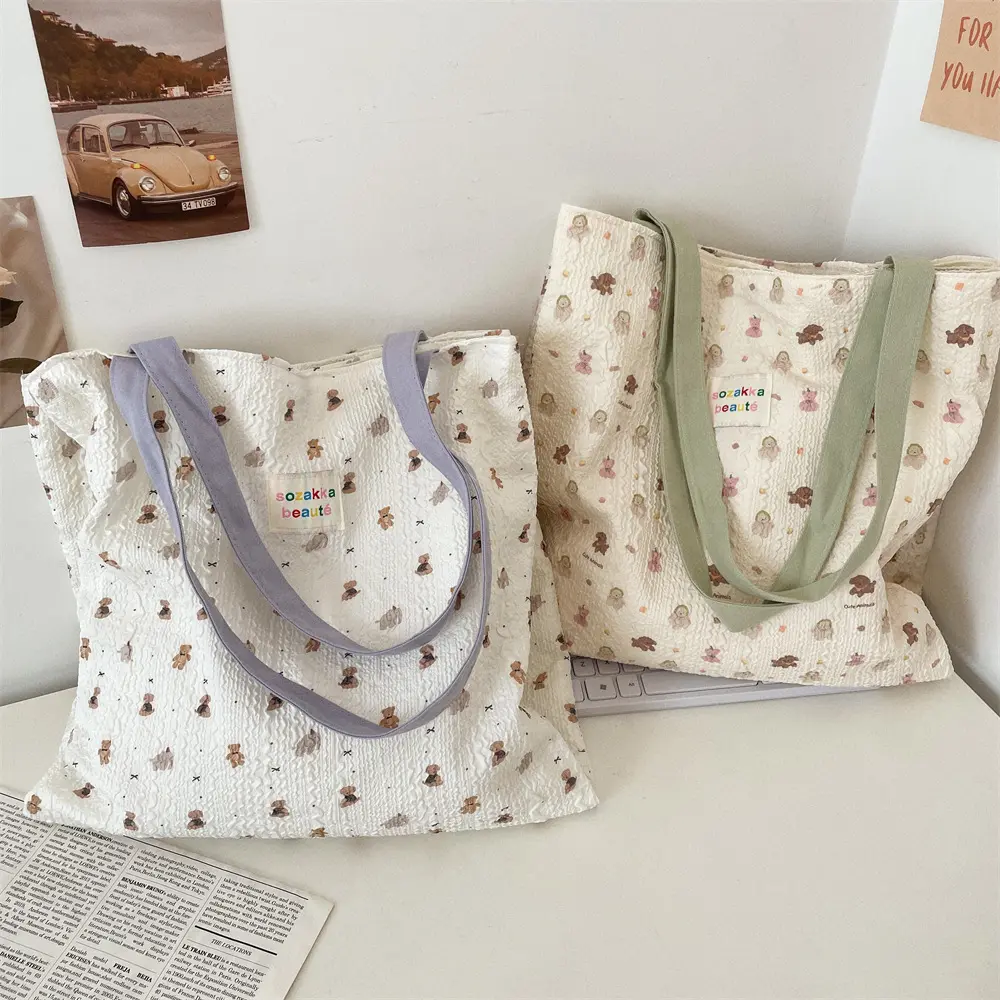 Cartoon Cute Canvas Large Capacity Women Shoulder Bag Casual Daily Handbag for Shopping Travel