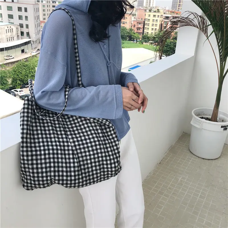 Fashion Plaid Shoulder Bags for Women Large Capacity Canvas Bag Ladies Handbags Travel Female Shopping Tote Bag