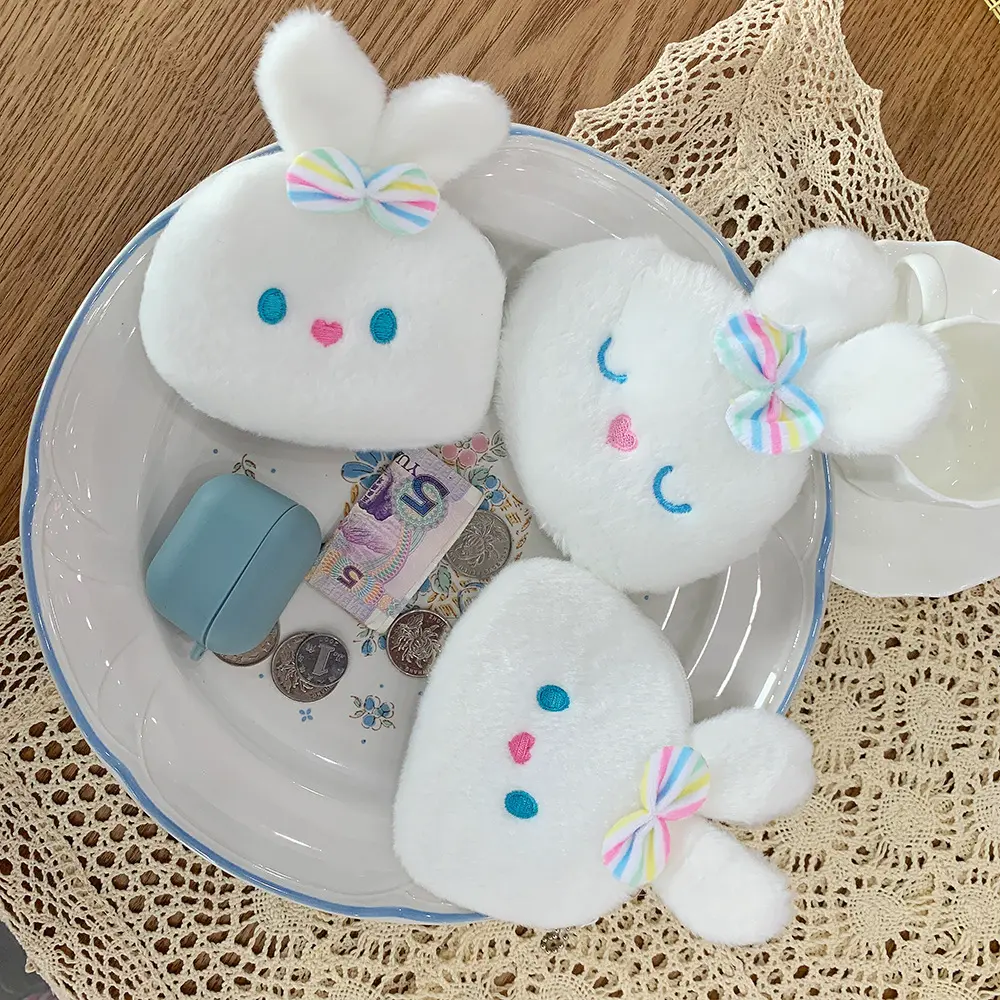 Cute White Animal Earphone Storage Bag Plush Wallet Cartoon Coin Purse for Children Cute Soft Storage Bag