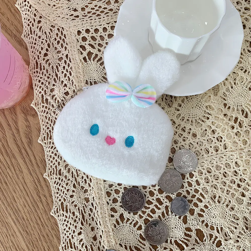 Cute White Animal Earphone Storage Bag Plush Wallet Cartoon Coin Purse for Children Cute Soft Storage Bag