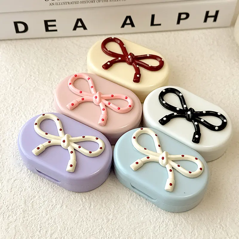 Candy Color Contact Lens Case Cute Bow Portable with Tweezer Suction Stick Travel Kit Holder