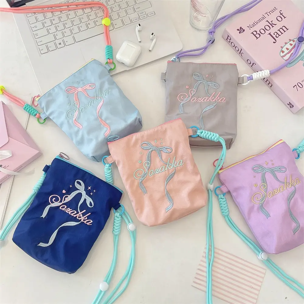 New Fashion Mobile Phone Bag Women's Messenger Bag Embroidered Bow Mini Small Crossbody Bag Canvas Coin Purse Cute Handbag