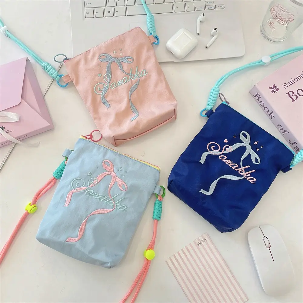 New Fashion Mobile Phone Bag Women's Messenger Bag Embroidered Bow Mini Small Crossbody Bag Canvas Coin Purse Cute Handbag