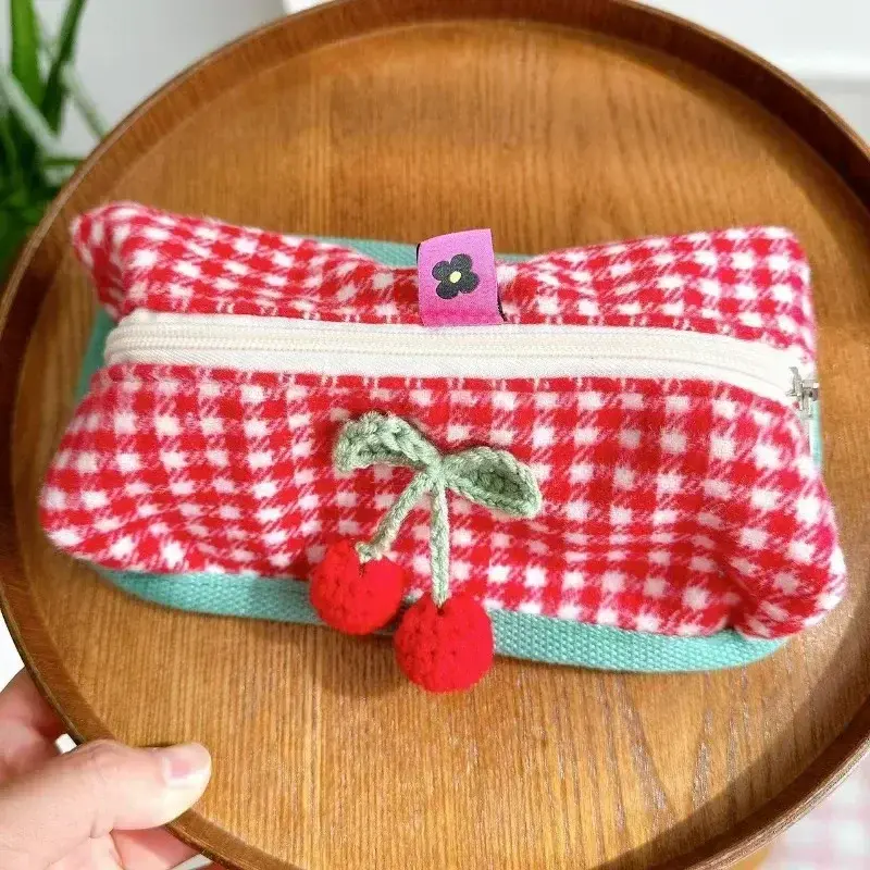 Cute Red Plaid Cosmetic Storage Bag Large Capacity Kawaii Makeup Case Makeup Brush Pencil Case