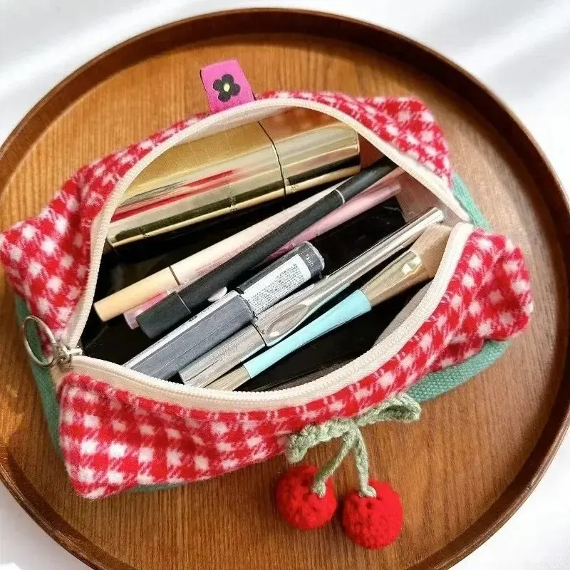 Cute Red Plaid Cosmetic Storage Bag Large Capacity Kawaii Makeup Case Makeup Brush Pencil Case