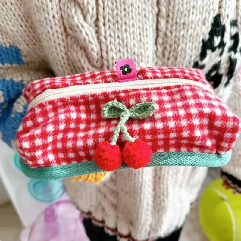 Cute Red Plaid Cosmetic Storage Bag Large Capacity Kawaii Makeup Case Makeup Brush Pencil Case