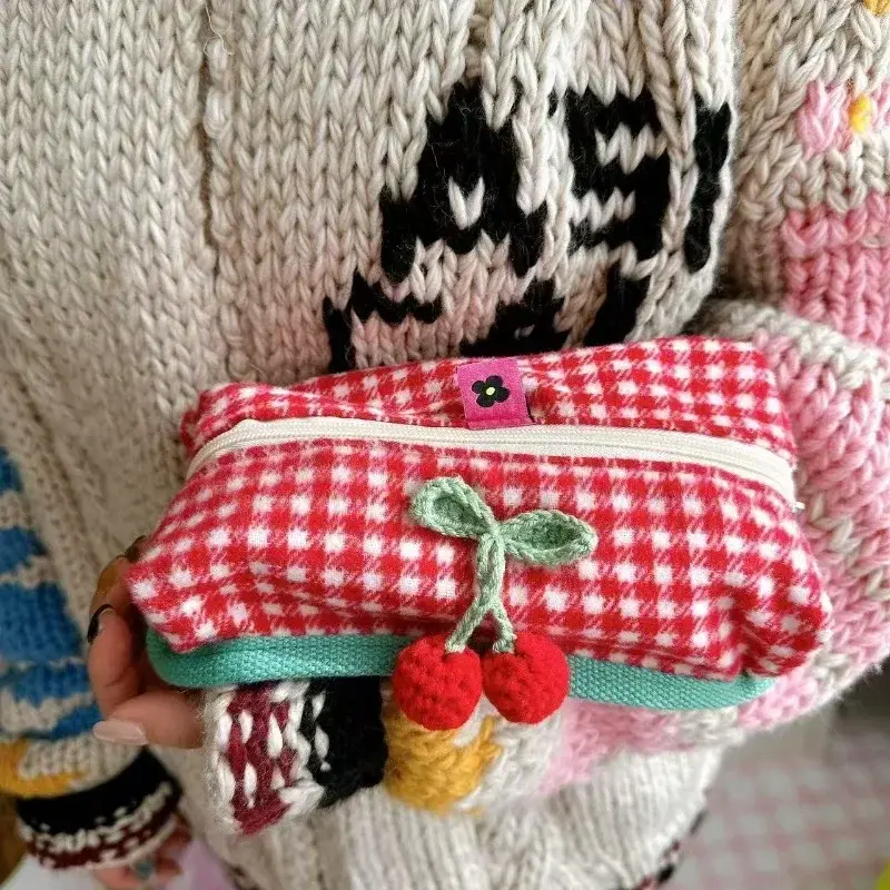 Cute Red Plaid Cosmetic Storage Bag Large Capacity Kawaii Makeup Case Makeup Brush Pencil Case