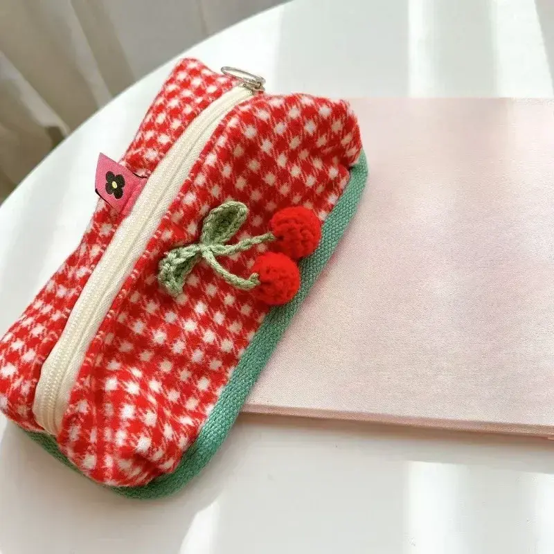 Cute Red Plaid Cosmetic Storage Bag Large Capacity Kawaii Makeup Case Makeup Brush Pencil Case