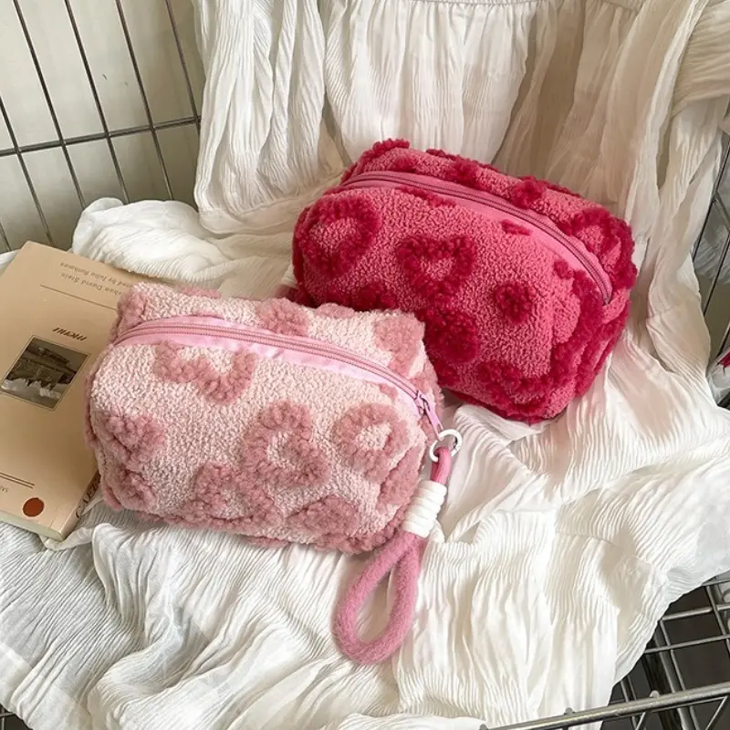Cute Plush Heart Cosmetic Bags for Women Large Capacity Travel Organizer with Lanyard New Pink Red Color