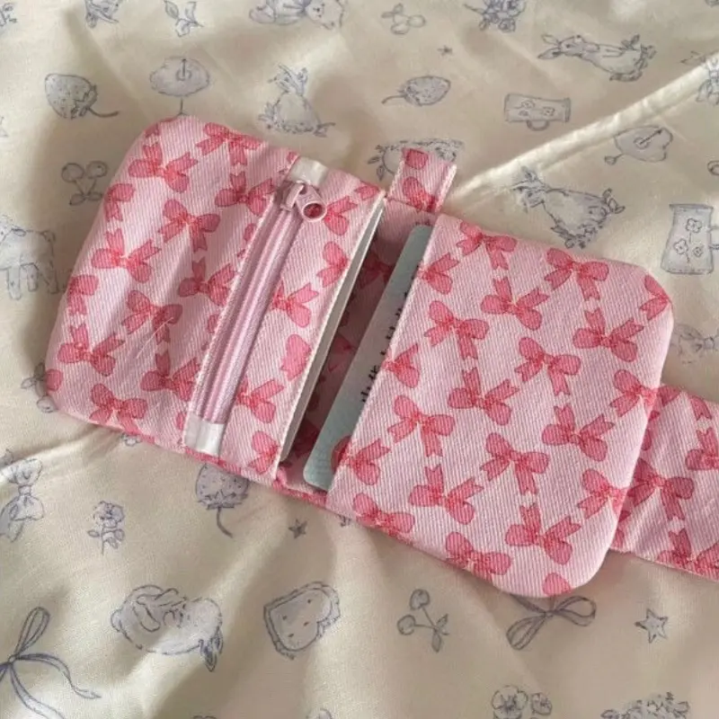 Cute Pink Bow Print Coin Purse Card Holder Wallet for Women Fashion Canvas Bank Card Storage Bag