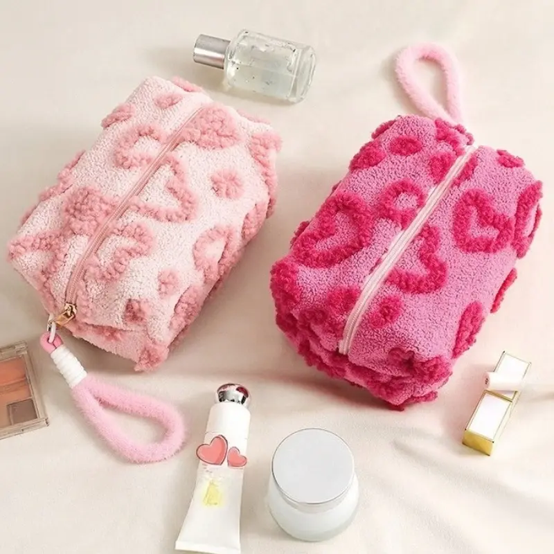 Plush Makeup Bags with Zipper Soft Travel Cosmetic Storage Bag Portable Love Print Organizer Pencil Case Cute Clutch Pouch