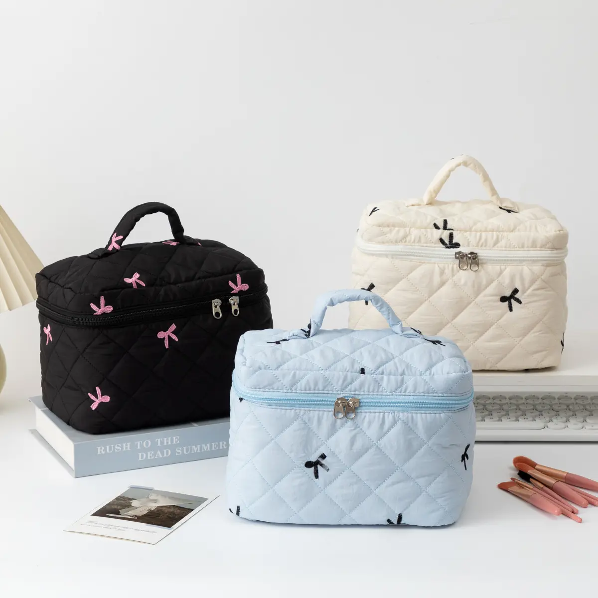 Cute Bow Printed Makeup Bag Women Zipper Cosmetic Organizer Handbag Box Shape Portable Toiletry Case for Girls