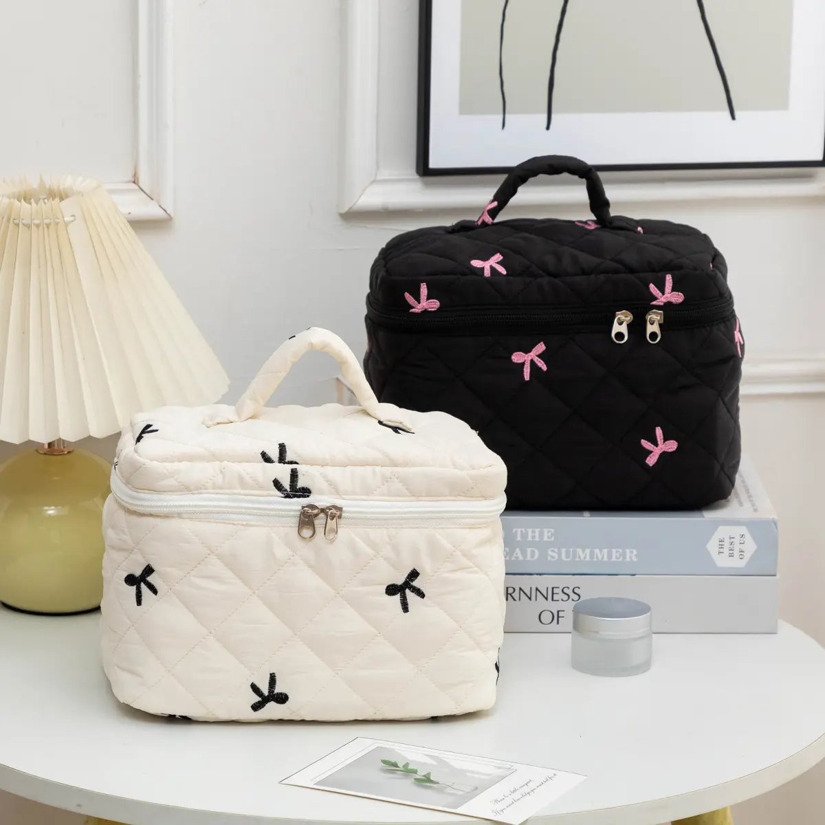 Cute Bow Printed Makeup Bag Women Zipper Cosmetic Organizer Handbag Box Shape Portable Toiletry Case for Girls