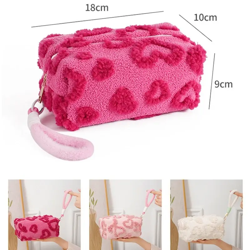 Plush Makeup Bags with Zipper Soft Travel Cosmetic Storage Bag Portable Love Print Organizer Pencil Case Cute Clutch Pouch