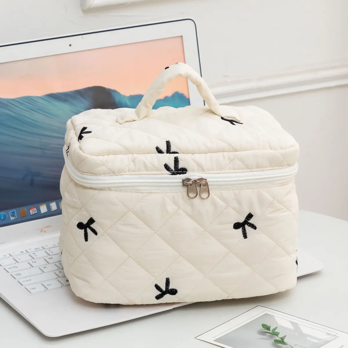 Cute Bow Printed Makeup Bag Women Zipper Cosmetic Organizer Handbag Box Shape Portable Toiletry Case for Girls
