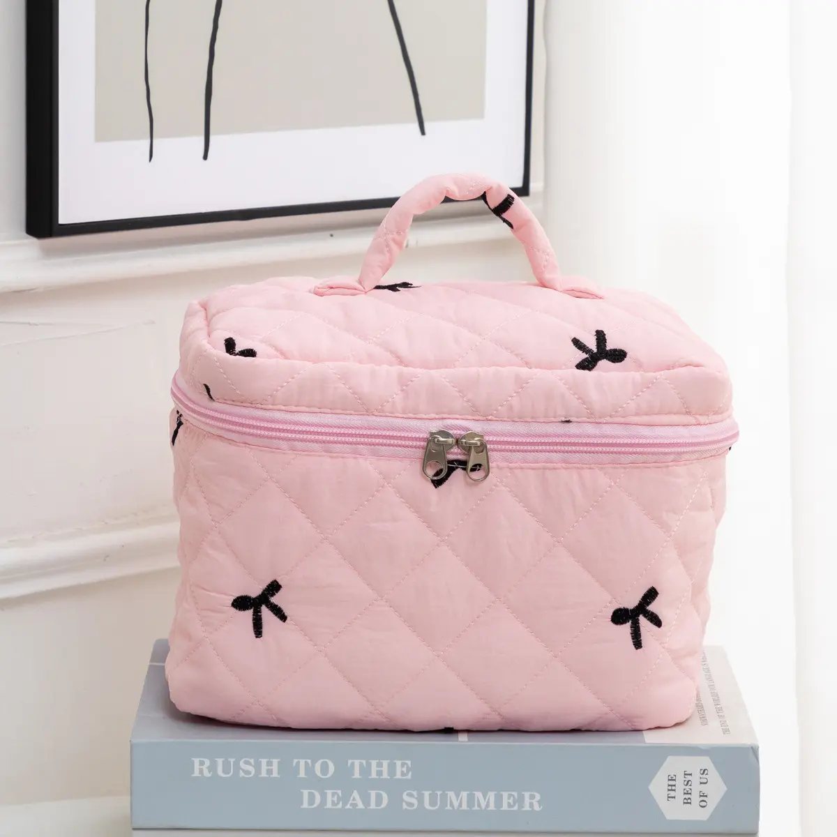 Cute Bow Printed Makeup Bag Women Zipper Cosmetic Organizer Handbag Box Shape Portable Toiletry Case for Girls
