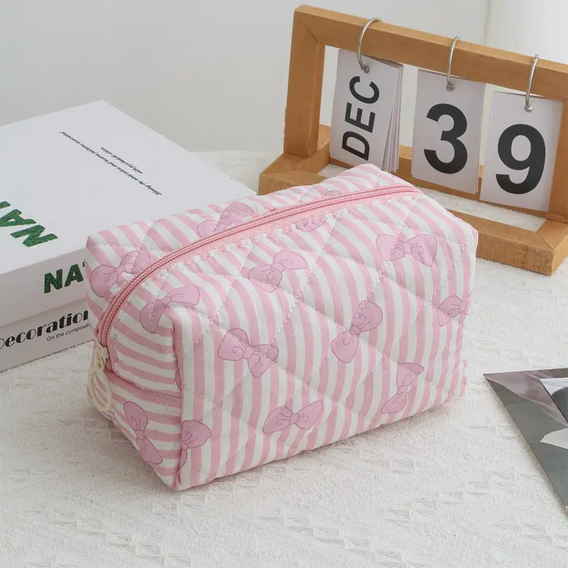 New Bow Print Women Cosmetic Bag Cute Zipper Travel Makeup Pouch Cotton Beauty Storage Bag Toiletries Make Up Organizer
