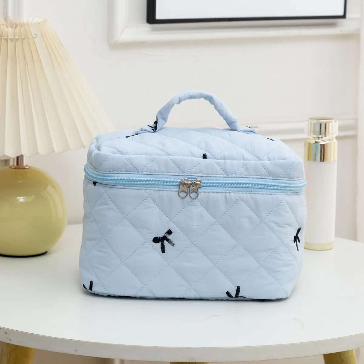 Cute Bow Printed Makeup Bag Women Zipper Cosmetic Organizer Handbag Box Shape Portable Toiletry Case for Girls