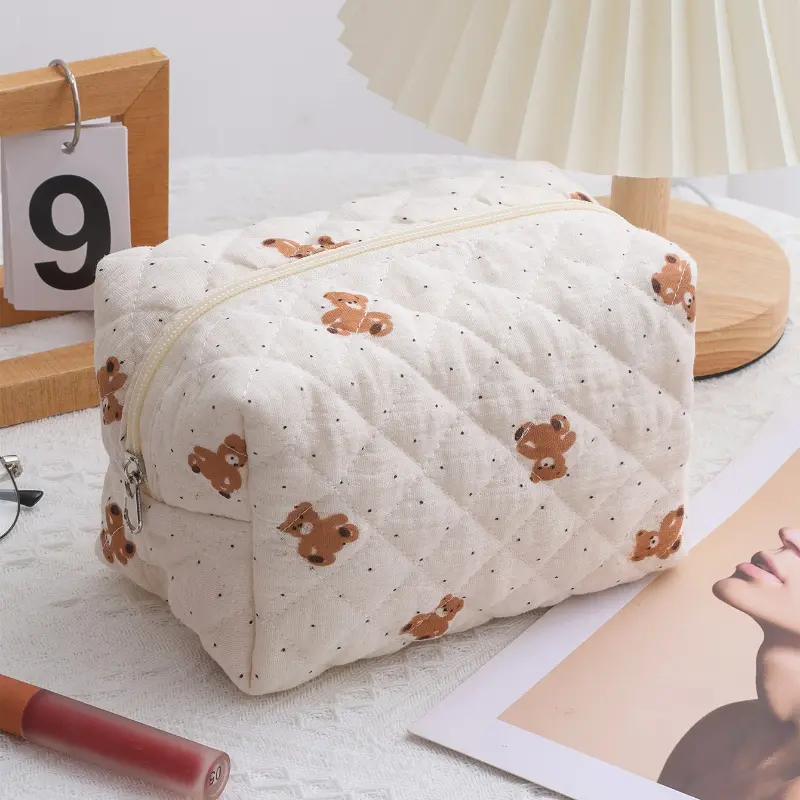 New Bow Print Women Cosmetic Bag Cute Zipper Travel Makeup Pouch Cotton Beauty Storage Bag Toiletries Make Up Organizer