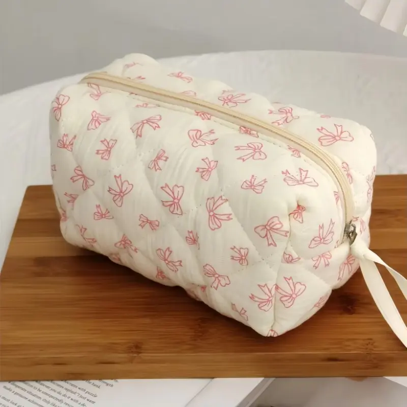 New Bow Print Women Cosmetic Bag Cute Zipper Travel Makeup Pouch Cotton Beauty Storage Organizer