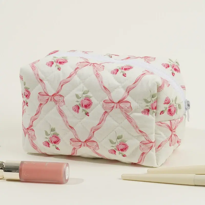 New Bow Print Women Cosmetic Bag Cute Zipper Travel Makeup Pouch Cotton Beauty Storage Organizer