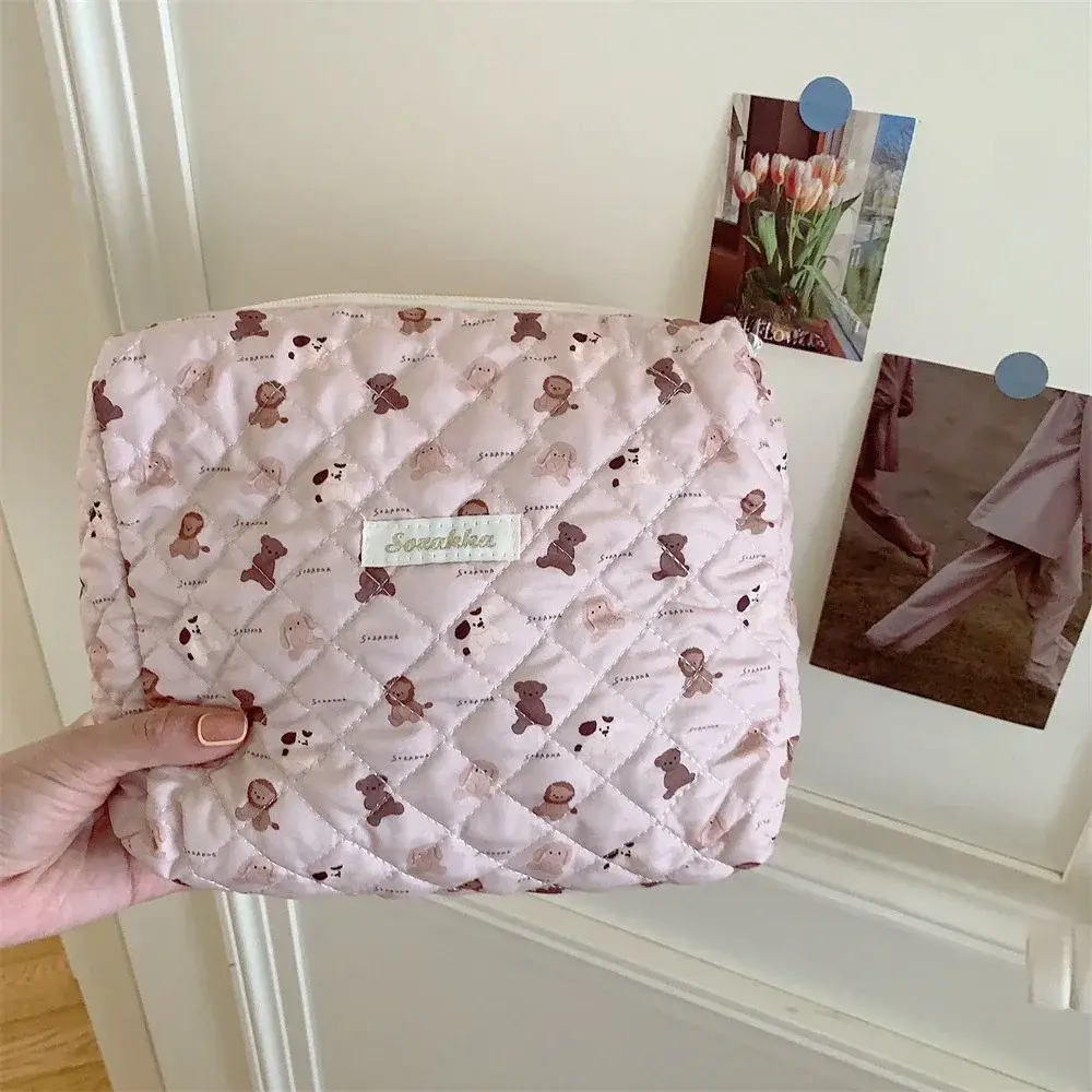 Large Portable Cute Pink Women's Cosmetic Bag Clutch Purse Travel Storage Organizer Makeup Case Wash Bag Cotton Handbags