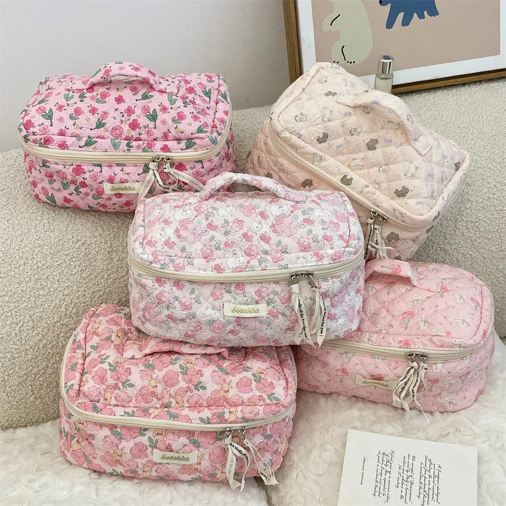New Cartoon Ladies Travel Storage Bag Retro Floral Women's Cosmetic Bags Cute Girls Make Up Case Makeup Bag Handbags